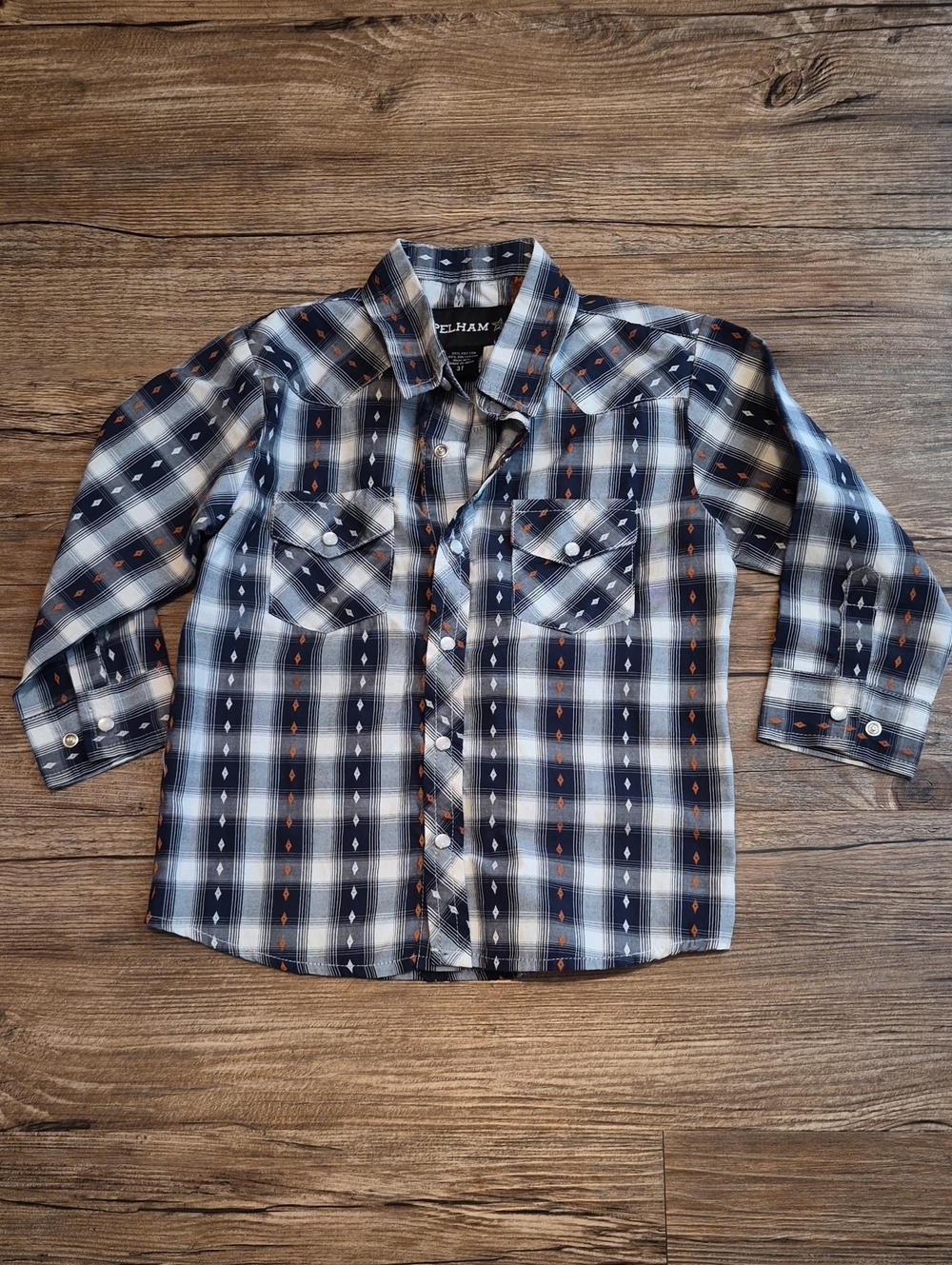 Boys Navy, White & Orange Plaid Button-Down Shirt
